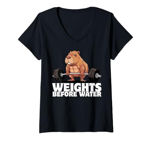 Damen Capybara Gewichtheben Workout Lustiger Bodybuilder Muskulatur T-Shirt mit V-Ausschnitt Damen Capybara Gewichtheben Workout Lustiger Bodybuilder Muskulatur T-Shirt mit V-Ausschnitt von Muscular Capybara Working Out BY VM