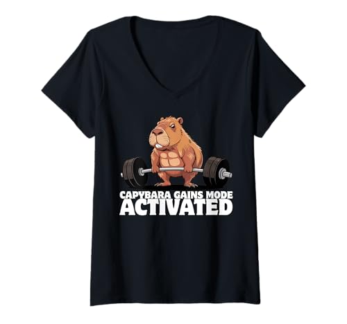 Damen Capybara Gewichtheben Workout Lustiger Bodybuilder Muskulatur T-Shirt mit V-Ausschnitt Damen Capybara Gewichtheben Workout Lustiger Bodybuilder Muskulatur T-Shirt mit V-Ausschnitt von Muscular Capybara Working Out BY VM