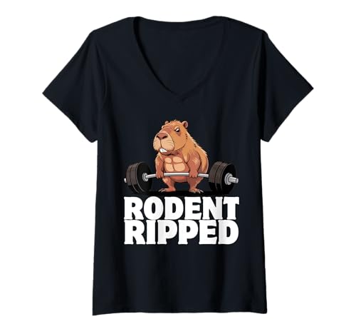 Damen Capybara Gewichtheben Workout Lustiger Bodybuilder Muskulatur T-Shirt mit V-Ausschnitt Damen Capybara Gewichtheben Workout Lustiger Bodybuilder Muskulatur T-Shirt mit V-Ausschnitt von Muscular Capybara Working Out BY VM