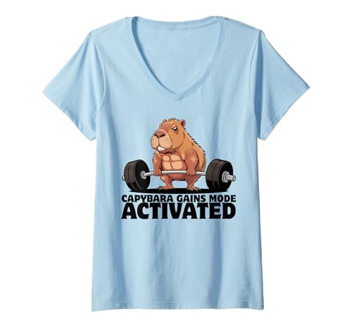 Damen Capybara Gewichtheben Workout Lustiger Bodybuilder Muskulatur T-Shirt mit V-Ausschnitt Damen Capybara Gewichtheben Workout Lustiger Bodybuilder Muskulatur T-Shirt mit V-Ausschnitt von Muscular Capybara Working Out BY VM