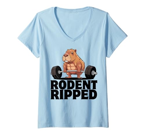 Damen Capybara Gewichtheben Workout Lustiger Bodybuilder Muskulatur T-Shirt mit V-Ausschnitt Damen Capybara Gewichtheben Workout Lustiger Bodybuilder Muskulatur T-Shirt mit V-Ausschnitt von Muscular Capybara Working Out BY VM