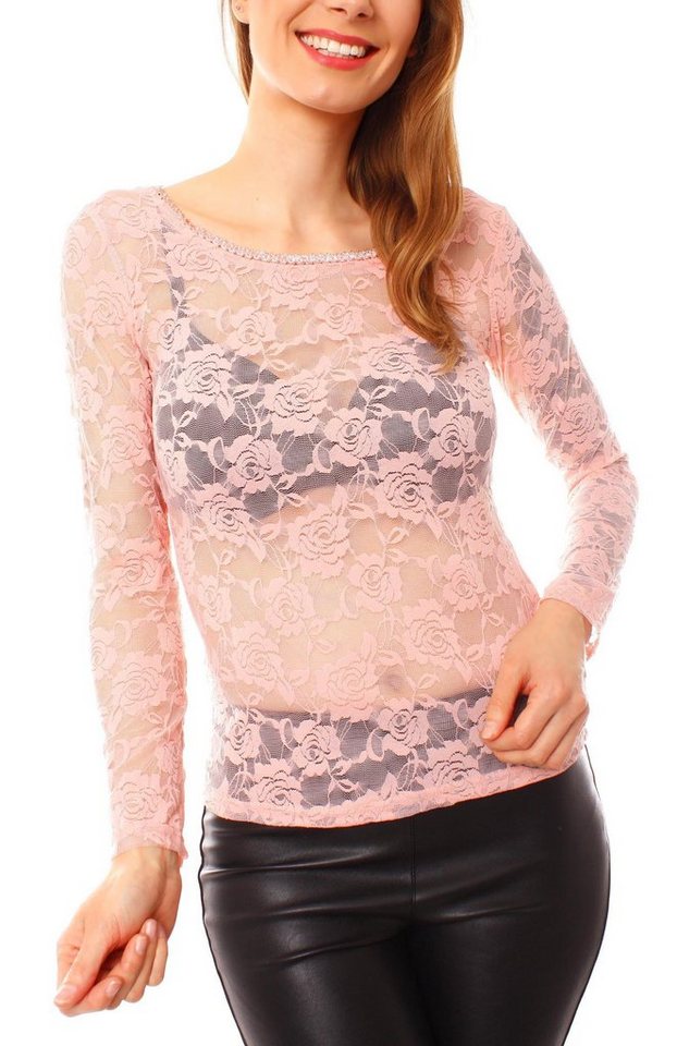 Muse Spitzentop Langarm Spitzenshirt transparent mit rundem Ausschnitt 1095 von Muse