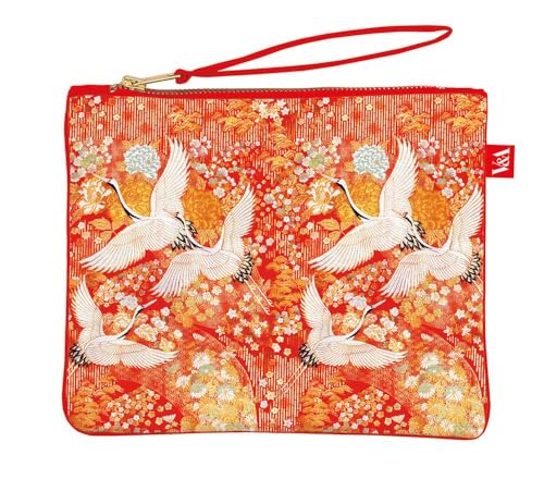 Kosmetiktasche mit Kimono-Kranich-Druck, Reißverschluss, Rot, Weiß, Schwarz, Orange, 22 x 18 x 1 cm, Modern von Museums & Galleries