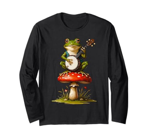 Banjo spielt Frosch auf Fliegenpilz Naturecore Jugend Frauen Mädchen Langarmshirt von Mushroom Forest Animals Fairycore Woodlandcore Kid