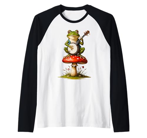 Banjo spielt Frosch auf Fliegenpilz Naturecore Jugend Frauen Mädchen Raglan von Mushroom Forest Animals Fairycore Woodlandcore Kid