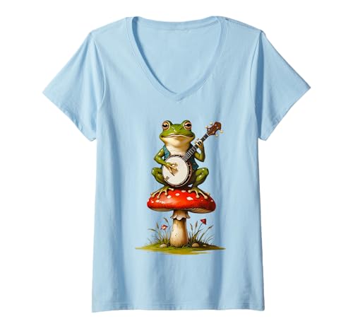 Damen Banjo spielt Frosch auf Fliegenpilz Naturecore Jugend Frauen Mädchen T-Shirt mit V-Ausschnitt von Mushroom Forest Animals Fairycore Woodlandcore Kid