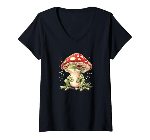 Damen Süßes Frosch mit Pilz Kostüm T-Shirt mit V-Ausschnitt von Mushroom Frog