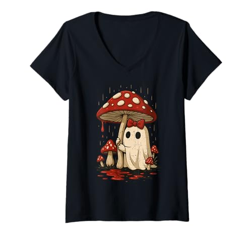 Damen Pilz Geist Shirt Lustig Rot Kappe Wald Gruselig Süß T-Shirt mit V-Ausschnitt Damen Pilz Geist Shirt Lustig Rot Kappe Wald Gruselig Süß T-Shirt mit V-Ausschnitt von Mushroom Ghost Tee Shirts for Spooky Halloween