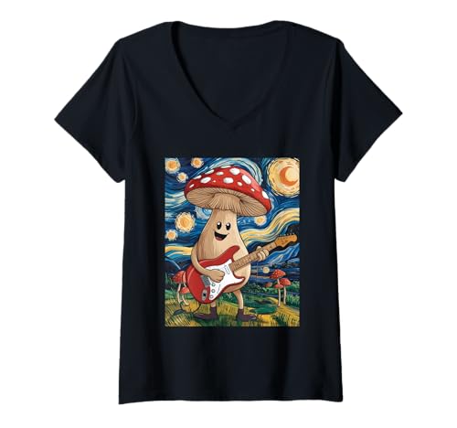 Damen Sternennacht-Pilz T-Shirt mit V-Ausschnitt Damen Sternennacht-Pilz T-Shirt mit V-Ausschnitt von Mushroom Guitar