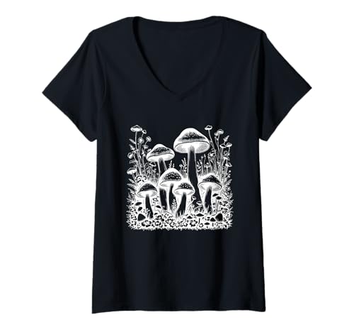 Damen Niedliche Skizze von Pilzen, Pilzliebhaber-Zeichnung T-Shirt mit V-Ausschnitt von Mushroom Outfits for Women