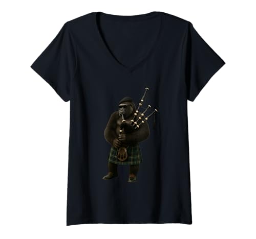 Damen Gorilla Dudelsack T-Shirt mit V-Ausschnitt Damen Gorilla Dudelsack T-Shirt mit V-Ausschnitt von Music Bagpipe Animal