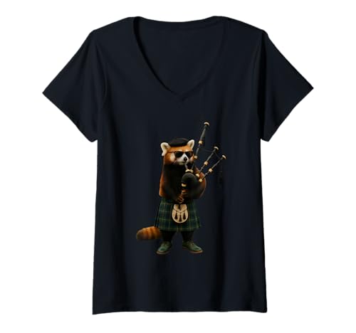 Damen Roter Panda-Dudelsack T-Shirt mit V-Ausschnitt Damen Roter Panda-Dudelsack T-Shirt mit V-Ausschnitt von Music Bagpipe Animal