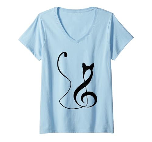 Damen Musiknoten-inspirierte Katze, minimalistisches Musikliebhaber-Design T-Shirt mit V-Ausschnitt Damen Musiknoten-inspirierte Katze, minimalistisches Musikliebhaber-Design T-Shirt mit V-Ausschnitt von Music Cats Collection Treble Clef Cat Tees Co.