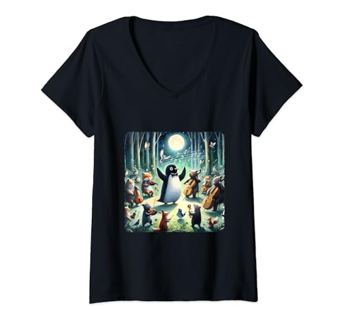 Damen Pinguin dirigiert Tierorchester. Baton Animals Moonlight T-Shirt mit V-Ausschnitt von Music Conduct Penguin Baton Orchestra Animals