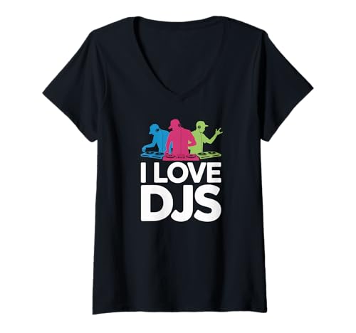 Damen Ich Liebe DJs Vibrant Music Mixer Lovers T-Shirt mit V-Ausschnitt Damen Ich Liebe DJs Vibrant Music Mixer Lovers T-Shirt mit V-Ausschnitt von Music Enthusiast DJ Passion Rave Vibes