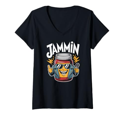 Damen Jammin Cool Jam Jar mit Mikrofon Fun T-Shirt mit V-Ausschnitt Damen Jammin Cool Jam Jar mit Mikrofon Fun T-Shirt mit V-Ausschnitt von Music Enthusiasts Rocking Jam Sessions