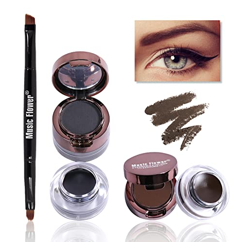 Music Flower Eyeliner & Augenbrauenpuder 4 In 1 Set, Wasserfest Schwarz Braun Wischfestes, Langlebiges Gel Eyeliner Augen make-up mit Pinselspiegel, 0,49 Unzen, 2er Pack von Music Flower