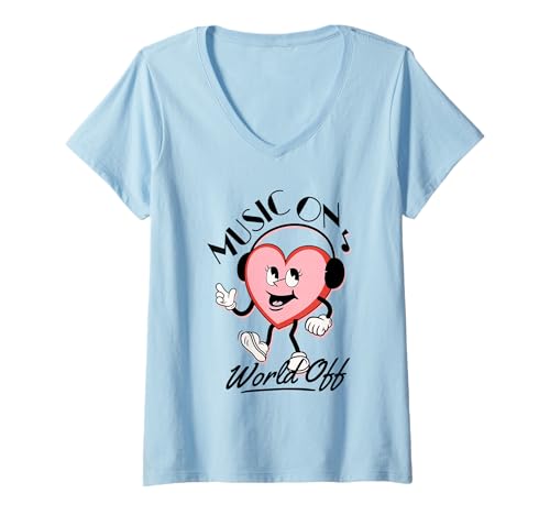 Damen Music On World Off Kopfhörer mit Herzmotiv, Retro-Design T-Shirt mit V-Ausschnitt Damen Music On World Off Kopfhörer mit Herzmotiv, Retro-Design T-Shirt mit V-Ausschnitt von Music Gifts For Music Lovers