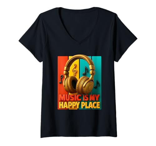 Damen Music is My Happy Places Musiker EDM Music Lovers DJ T-Shirt mit V-Ausschnitt Damen Music is My Happy Places Musiker EDM Music Lovers DJ T-Shirt mit V-Ausschnitt von Music Is My Happy Places Musician EDM