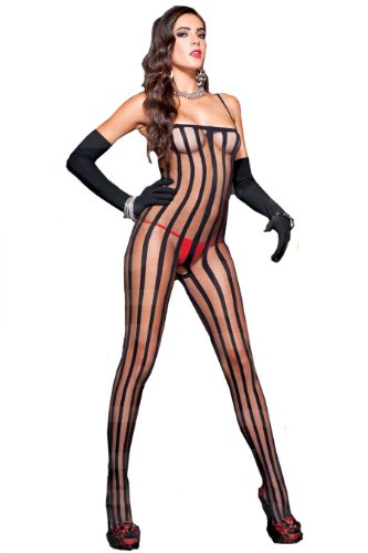 MUSIC LEGS Damen-Bodystocking mit offenem Schritt, Blickdicht, gestreift - Schwarz - Einheitsgröße von Music Legs
