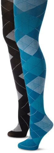 Music Legs Damen 2er-Pack blickdichte gewebte Argyle-Strumpfhosen, blau/grau, Einheitsgre von Music Legs