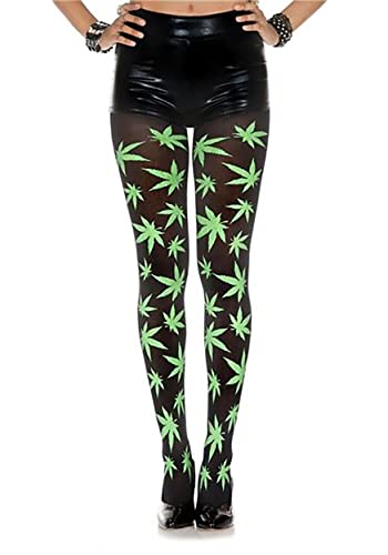 Music Legs Damen Marihuana Leaf Print blickdichte Strumpfhose, Schwarz/Grün, Einheitsgre von Music Legs