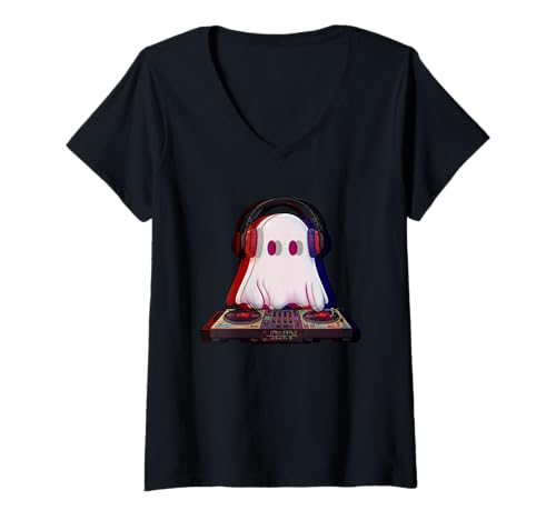 Damen House Music Ghost Rave DJ Halloween-Festfestival T-Shirt mit V-Ausschnitt Damen House Music Ghost Rave DJ Halloween-Festfestival T-Shirt mit V-Ausschnitt von Music Lover Spooky Ghost EDM Music DJ Halloween