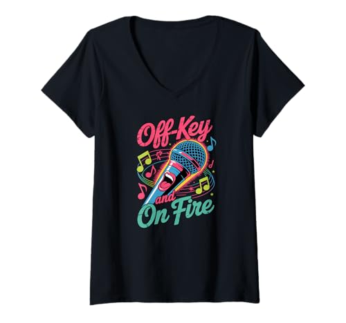 Damen Off-Key und On Fire singendes Mikrofon Karaoke-Musik T-Shirt mit V-Ausschnitt Damen Off-Key und On Fire singendes Mikrofon Karaoke-Musik T-Shirt mit V-Ausschnitt von Music Mood Apparel Gifts by Anastasia
