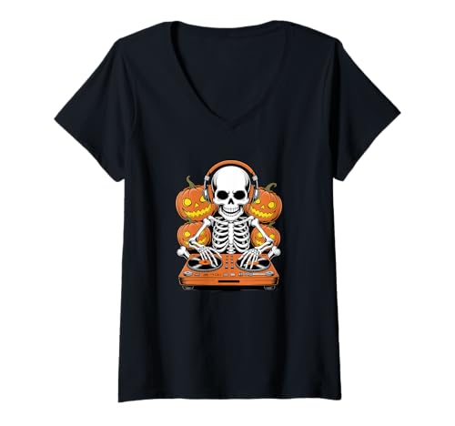 Damen Halloween Skelett DJ Musik Disc Jockey T-Shirt mit V-Ausschnitt Damen Halloween Skelett DJ Musik Disc Jockey T-Shirt mit V-Ausschnitt von Music Musician Gifts