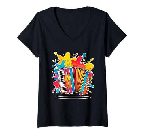 Damen Akkordeon Cartoon Bunte Musik Illustration T-Shirt mit V-Ausschnitt Damen Akkordeon Cartoon Bunte Musik Illustration T-Shirt mit V-Ausschnitt von Music of the World - Accordion