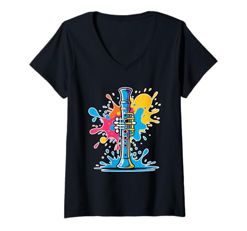 Damen Cartoon Klarinette Illustration mit Farbspritzern T-Shirt mit V-Ausschnitt von Music of the World - Clarinet