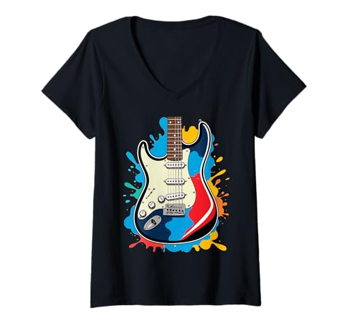 Damen E-Gitarre Cartoon Illustration Farbspritzer T-Shirt mit V-Ausschnitt Damen E-Gitarre Cartoon Illustration Farbspritzer T-Shirt mit V-Ausschnitt von Music of the World - Electric Guitar
