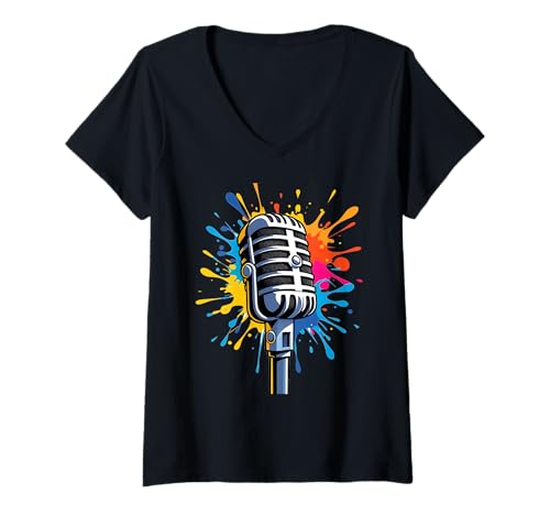 Damen Retro Mikrofon Cartoon Musik Illustration Farbspritzer T-Shirt mit V-Ausschnitt Damen Retro Mikrofon Cartoon Musik Illustration Farbspritzer T-Shirt mit V-Ausschnitt von Music of the World - Microphone