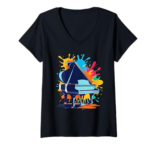 Damen Flügel Cartoon Illustration Farbspritzer T-Shirt mit V-Ausschnitt Damen Flügel Cartoon Illustration Farbspritzer T-Shirt mit V-Ausschnitt von Music of the World - Piano