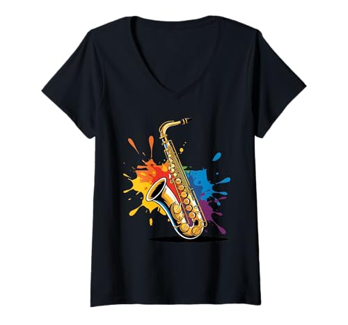 Damen Saxophon Cartoon Farb Splash Illustration T-Shirt mit V-Ausschnitt Damen Saxophon Cartoon Farb Splash Illustration T-Shirt mit V-Ausschnitt von Music of the World - Saxophone