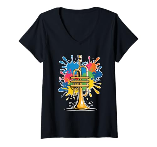 Damen Cartoon Trompete Illustration mit Farbspritzern T-Shirt mit V-Ausschnitt Damen Cartoon Trompete Illustration mit Farbspritzern T-Shirt mit V-Ausschnitt von Music of the World - Trumpet