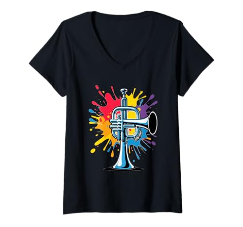 Damen Lustige Trompete Cartoon Musik Illustration Farbspritzer T-Shirt mit V-Ausschnitt Damen Lustige Trompete Cartoon Musik Illustration Farbspritzer T-Shirt mit V-Ausschnitt von Music of the World - Trumpet