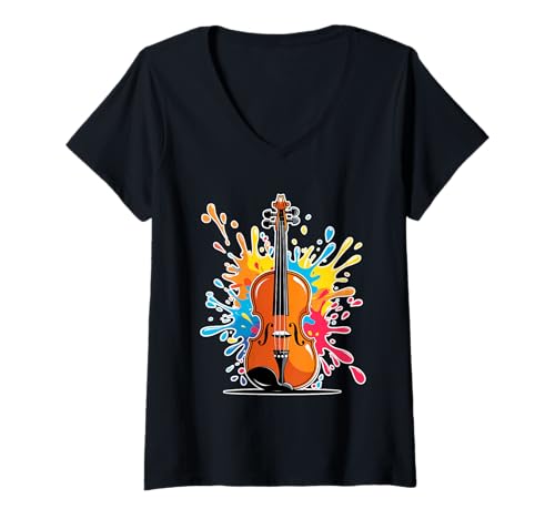Damen Cartoon Geige mit Farbspritzer Illustration T-Shirt mit V-Ausschnitt Damen Cartoon Geige mit Farbspritzer Illustration T-Shirt mit V-Ausschnitt von Music of the World - Violin