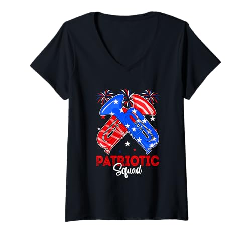 Damen Patriotic Squad 4th Of July US Flag Trumpet Instrument T-Shirt mit V-Ausschnitt Damen Patriotic Squad 4th Of July US Flag Trumpet Instrument T-Shirt mit V-Ausschnitt von Musical, Musician 4th Of July Costume