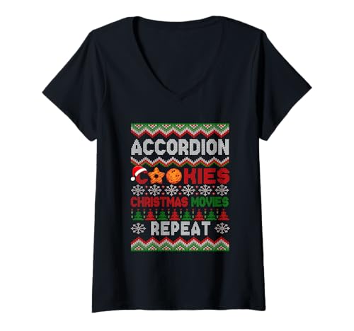 Damen Accordion Cookies Christmas Movies Repeat Sweater Instrument T-Shirt mit V-Ausschnitt von Musical, Musician Christmas Costume