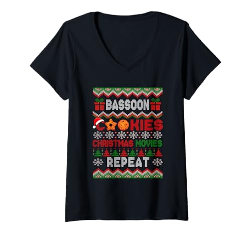 Damen Bassoon Cookies Christmas Movies Repeat Sweater Instrument T-Shirt mit V-Ausschnitt von Musical, Musician Christmas Costume