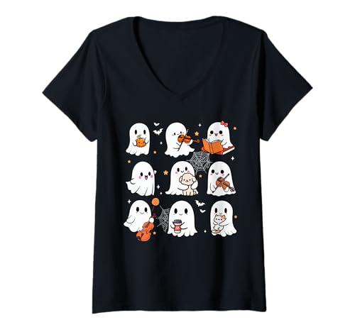 Damen Boo Activities Halloween Playing Violin Book Cat Dog Lover T-Shirt mit V-Ausschnitt Damen Boo Activities Halloween Playing Violin Book Cat Dog Lover T-Shirt mit V-Ausschnitt von Musical, Musician Christmas Costume