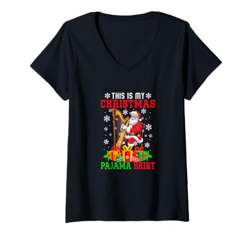 Damen My Christmas Pajama Shirt Santa Playing Harp Instrument T-Shirt mit V-Ausschnitt von Musical, Musician Christmas Costume