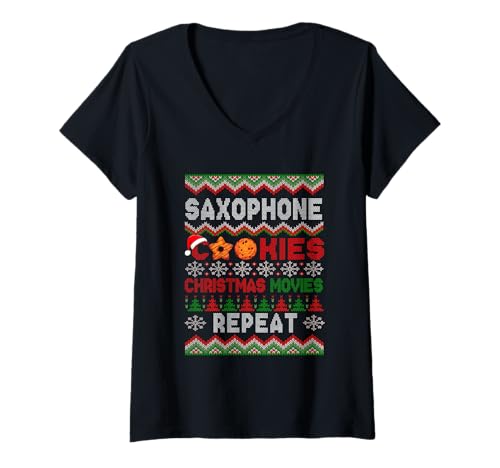 Damen Saxophone Cookies Christmas Movies Repeat Sweater Instrument T-Shirt mit V-Ausschnitt von Musical, Musician Christmas Costume