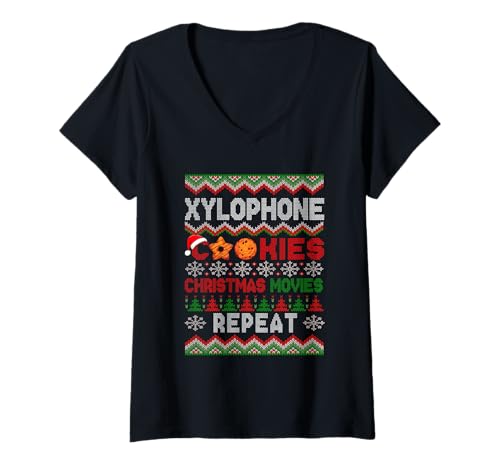 Damen Xylophone Cookies Christmas Movies Repeat Sweater Instrument T-Shirt mit V-Ausschnitt von Musical, Musician Christmas Costume