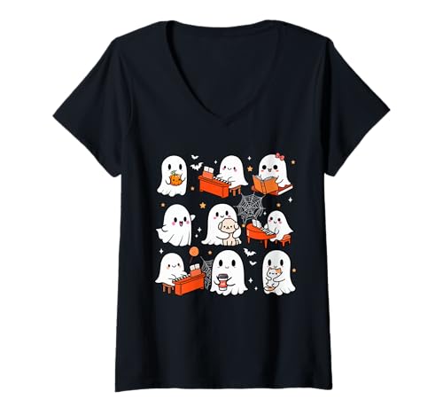 Damen Boo Activities Halloween Playing Piano Book Cat Dog Lover T-Shirt mit V-Ausschnitt von Musical, Musician Halloween Costume