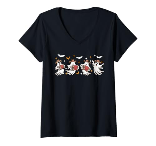 Damen Group Boos Playing Accordion Halloween Instrument Musical T-Shirt mit V-Ausschnitt von Musical, Musician Halloween Costume