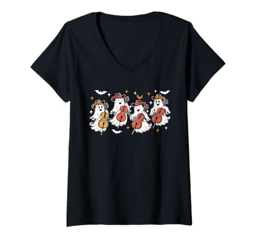 Damen Group Boos Playing Cello Halloween Instrument Musical T-Shirt mit V-Ausschnitt von Musical, Musician Halloween Costume