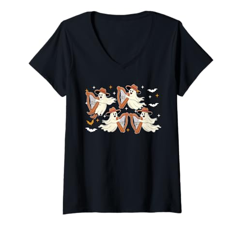 Damen Group Boos Playing Harp Halloween Instrument Musical T-Shirt mit V-Ausschnitt von Musical, Musician Halloween Costume