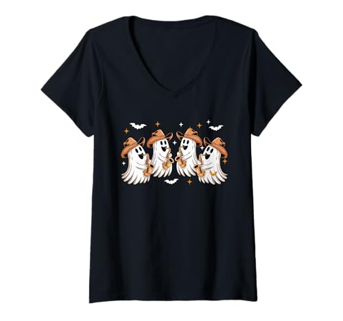 Damen Group Boos Playing Saxophone Halloween Instrument Musical T-Shirt mit V-Ausschnitt von Musical, Musician Halloween Costume